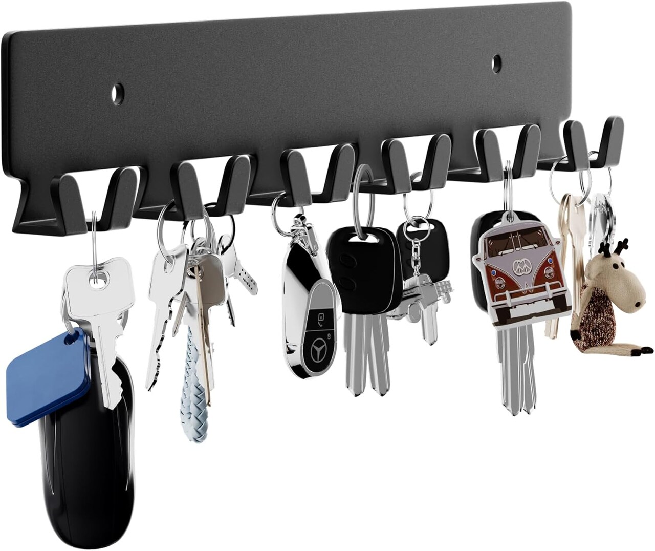 Wall-Mounted Key Holder with 12 Hooks – Self-Adhesive or Screw Installation, Matte Black Key Rack for Entryway, Hallway, Kitchen, Office, or Garage (Black)